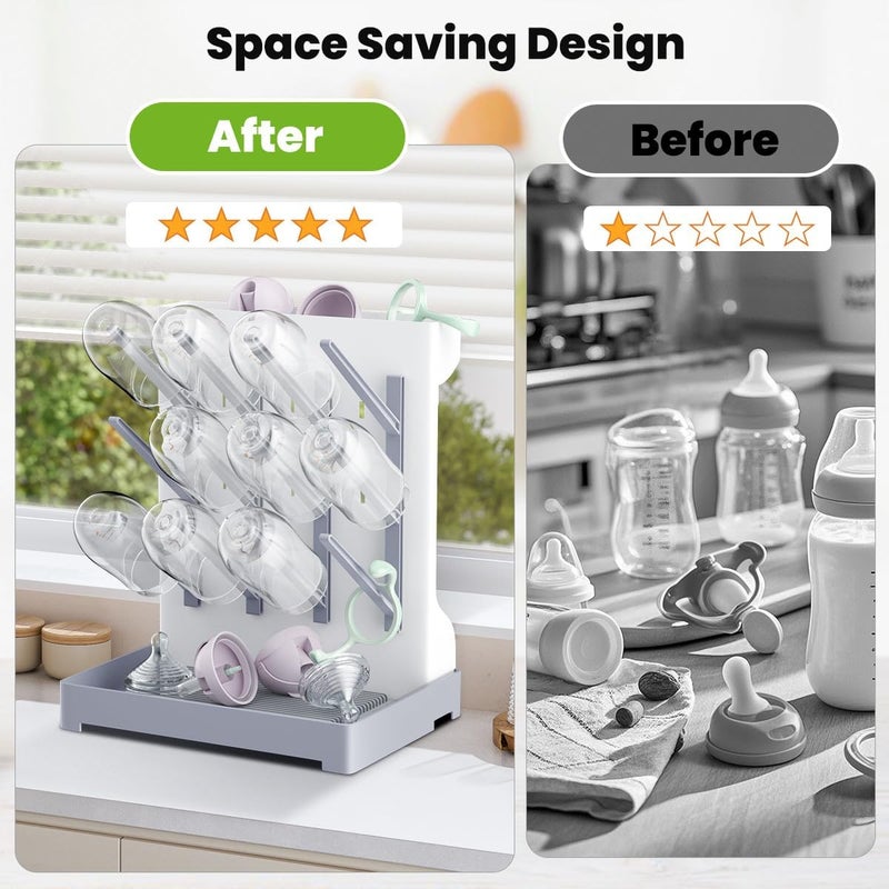 WLMALL Baby Bottle Drying Rack: Vertical Space Saving Large Bottles Holder - Standing Boon Dryer Rack Baby Accessory - Countertop Holds Up to 12 Bottles & Pump Part Cleaning & Cup (Blue) (Gray) - Image 3